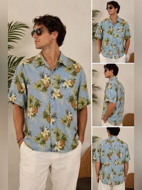Seven Palm Brand 100% Silk Hawaiian Shirt Men’s S Blue Pineapple Floral Camp